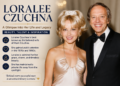 Biography graphic for Loralee Czuchna featuring an elegant couple in formal attire with warm-toned text and design.