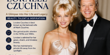 Biography graphic for Loralee Czuchna featuring an elegant couple in formal attire with warm-toned text and design.
