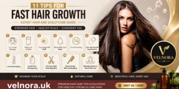 Hair care routine showing healthy scalp, nutritious foods, and gentle styling for stronger hair growth.