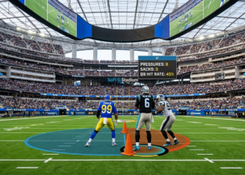 Matthew Stafford throwing a touchdown pass in the Rams vs Panthers 2026 NFC Wild Card playoff game