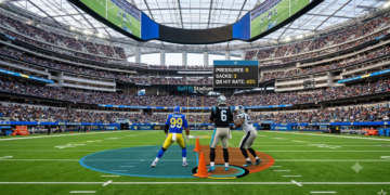 Matthew Stafford throwing a touchdown pass in the Rams vs Panthers 2026 NFC Wild Card playoff game