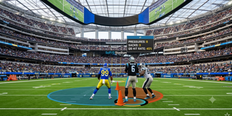 Matthew Stafford throwing a touchdown pass in the Rams vs Panthers 2026 NFC Wild Card playoff game