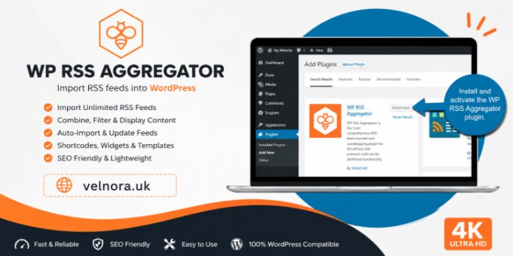 Dashboard interface of the WP RSS Aggregator WordPress plugin showing feed setup options.