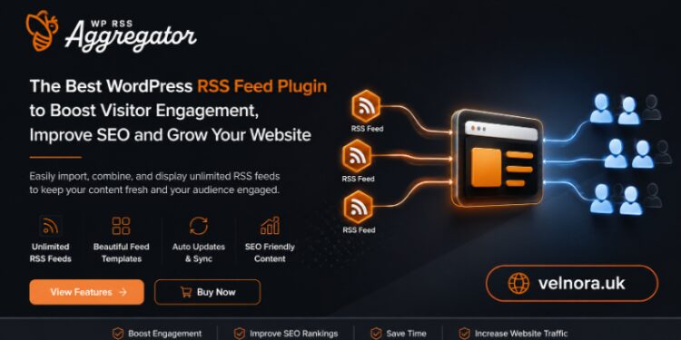 WordPress dashboard showing automated RSS feed settings and plugin metrics.